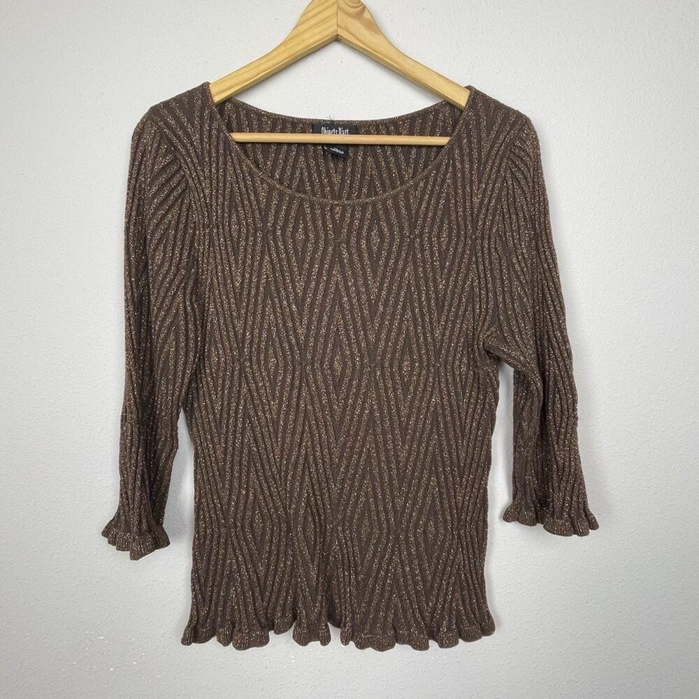 Objects D’Art Petite PL Brown Gold Ribbed Ruffle Top Boatneck Whimsigoth Y2K Gla